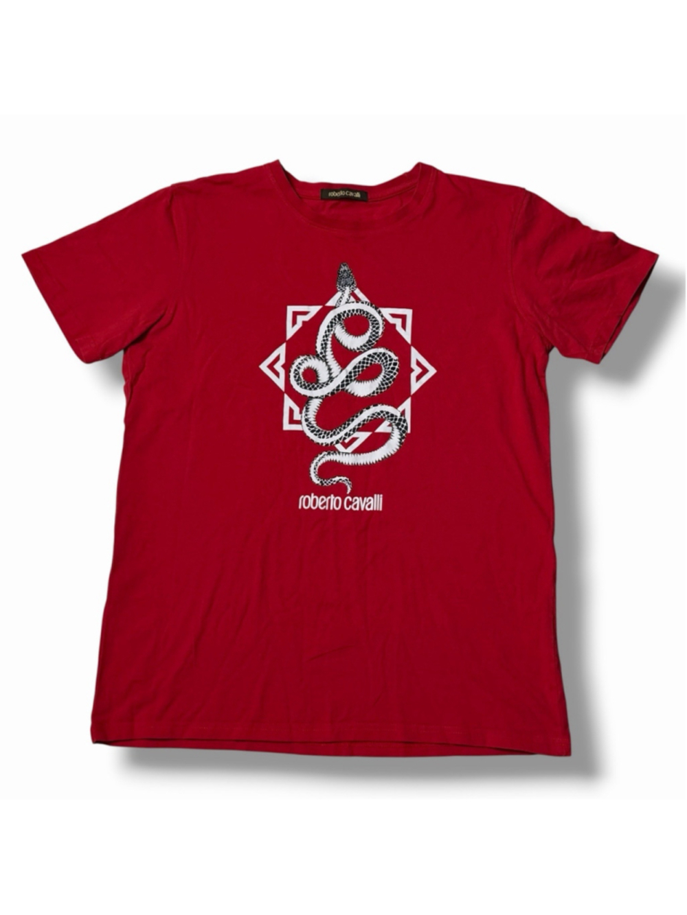 Roberto Cavalli Mens Graphic Cotton Serpent Snake Logo Tee Red Cotton Large